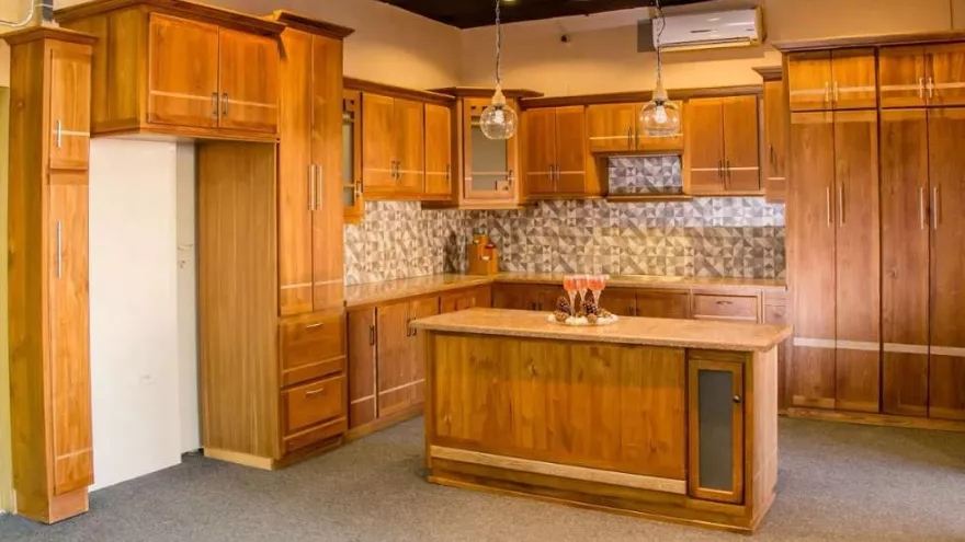 Wood veneer kitchen cabinets