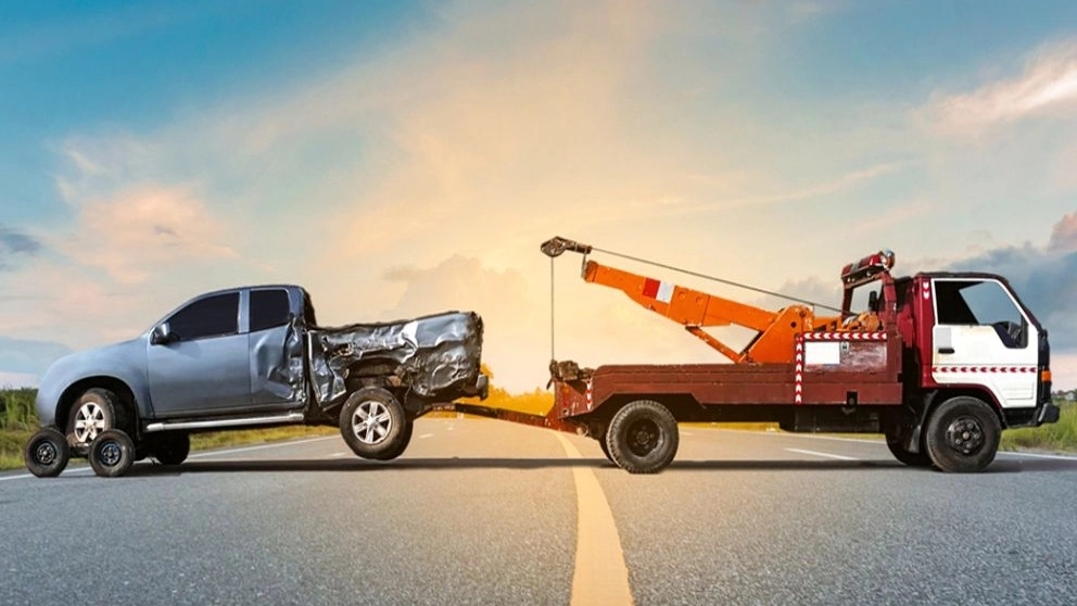 Car rescue, car lifting and towing, porter, car crane and towing wheel in the vineyard
