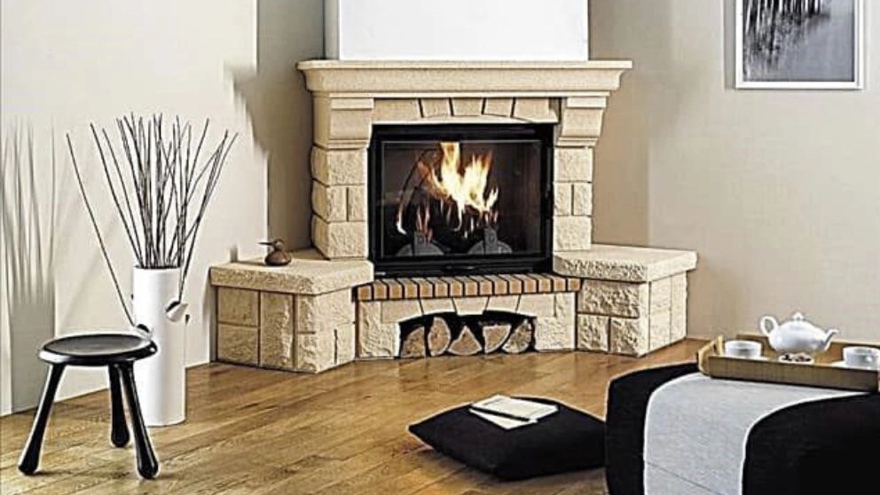 Gas fireplace with stone facade