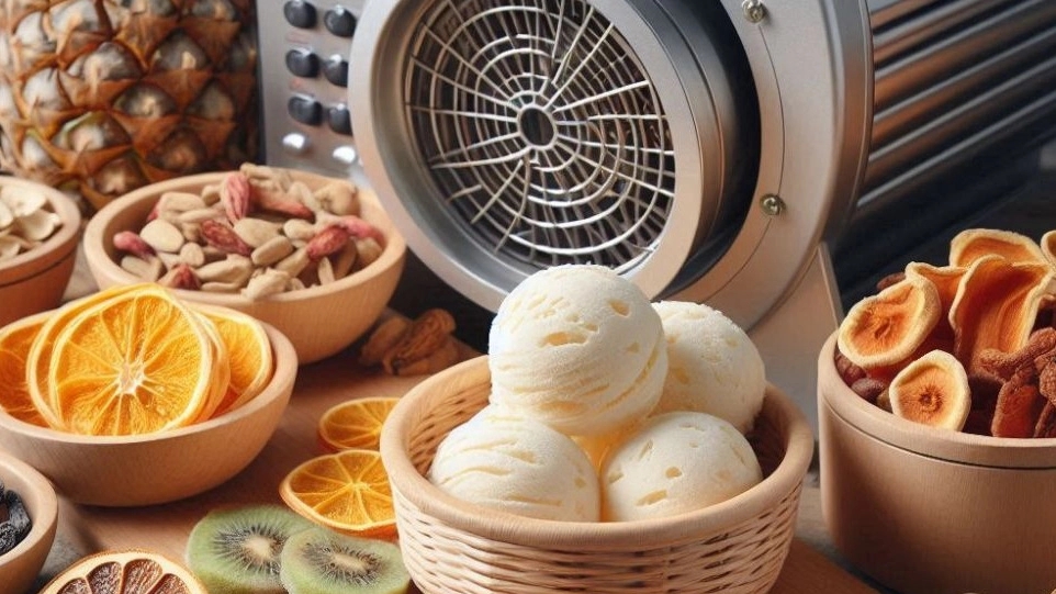The process of producing ice cream and dried fruits with a freezedrair at the Heritage Store