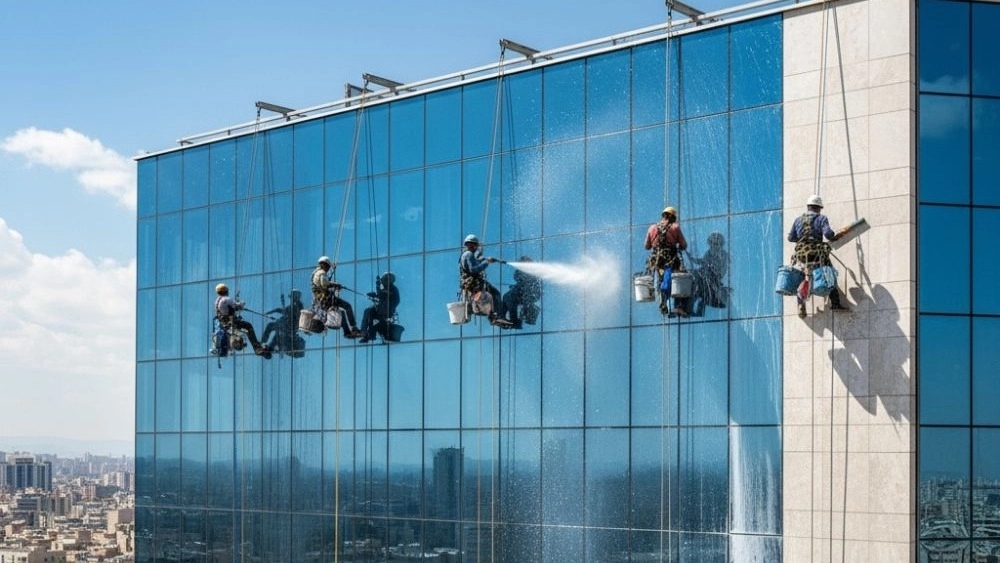 Washing the facade of the building with a ropel without scaffolding