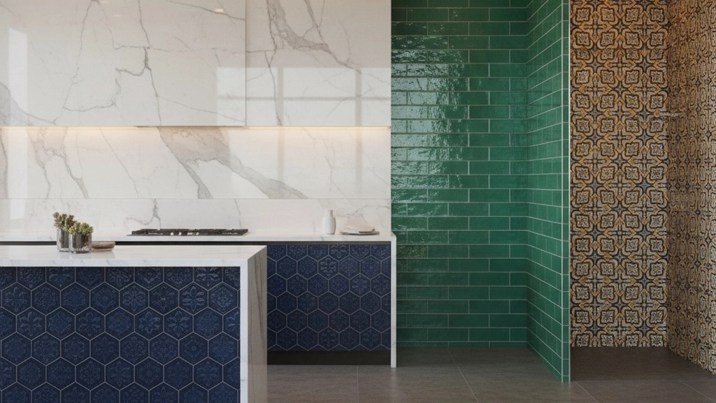 Types of kitchen and bathroom tiles with luxury designs at Reza Store