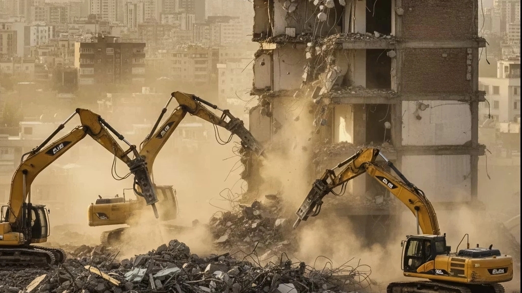Demolition of Molay excavation building, manual demolition with excavator in Tehran