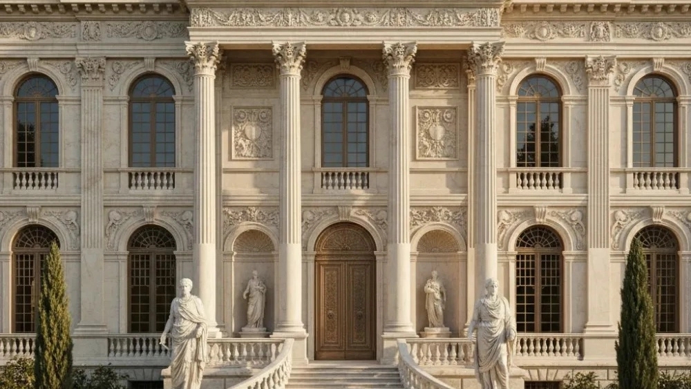 Implementation of Roman classical facade with travertine stone in Nazarabad