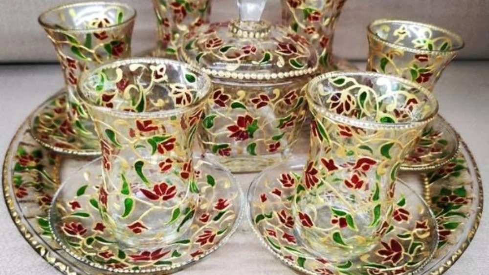Alikhani stained glass art, traditional design on wood glass pottery in Tehran