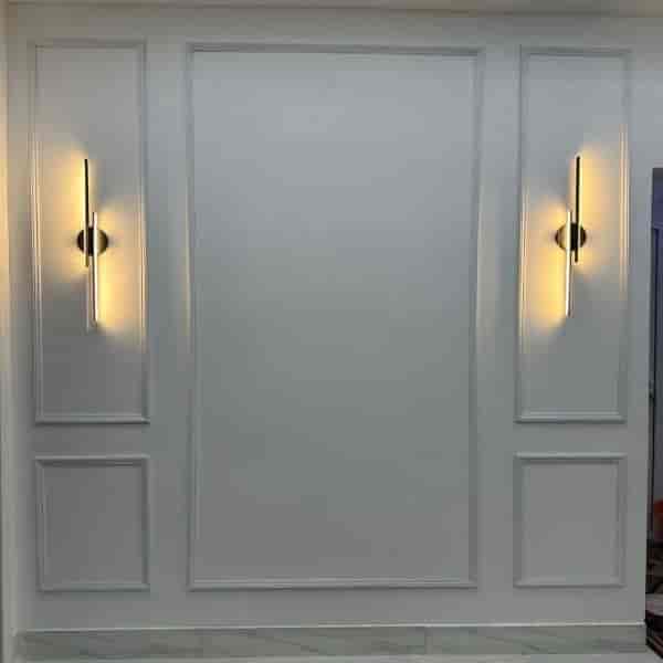 Framing, linear wall, linear line and modern chandelier