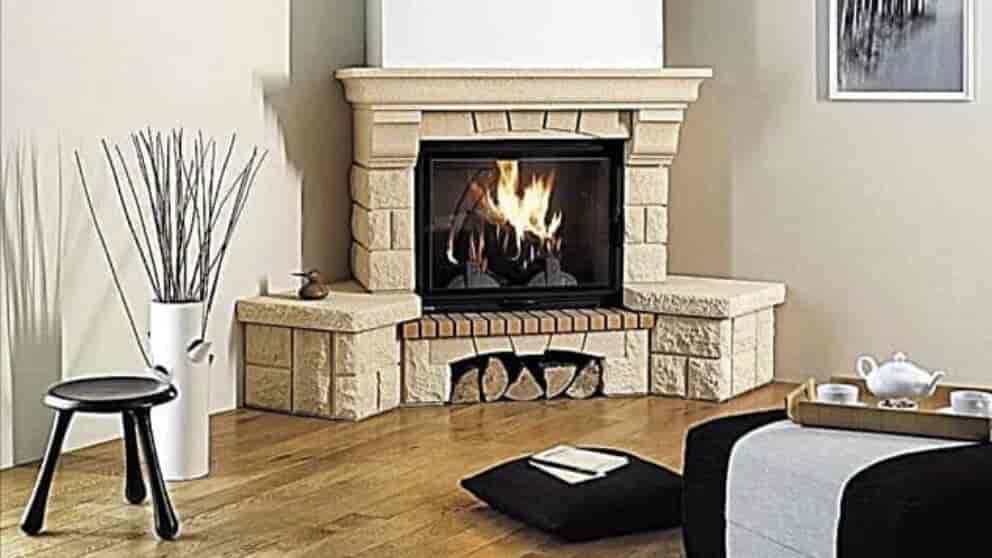 Gas fireplace with stone facade