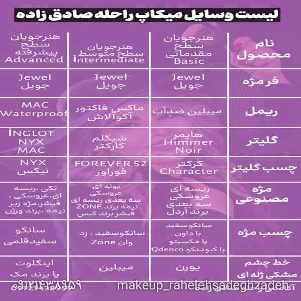 لیست وسایل میکاپ کاران راحله صادق زاده