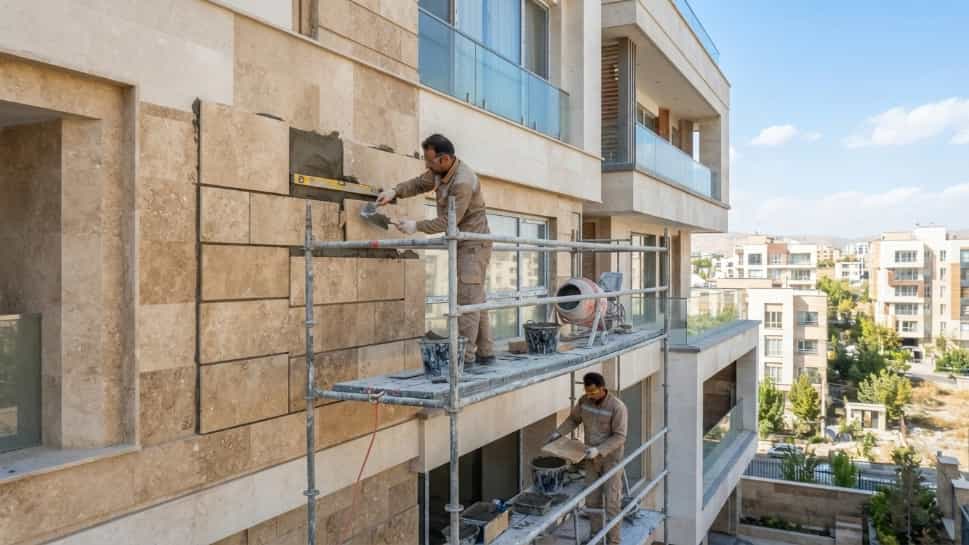 تنفيذ الواجهة الحجرية للمبنى بأعلى جودة ودقة في نزار آباد