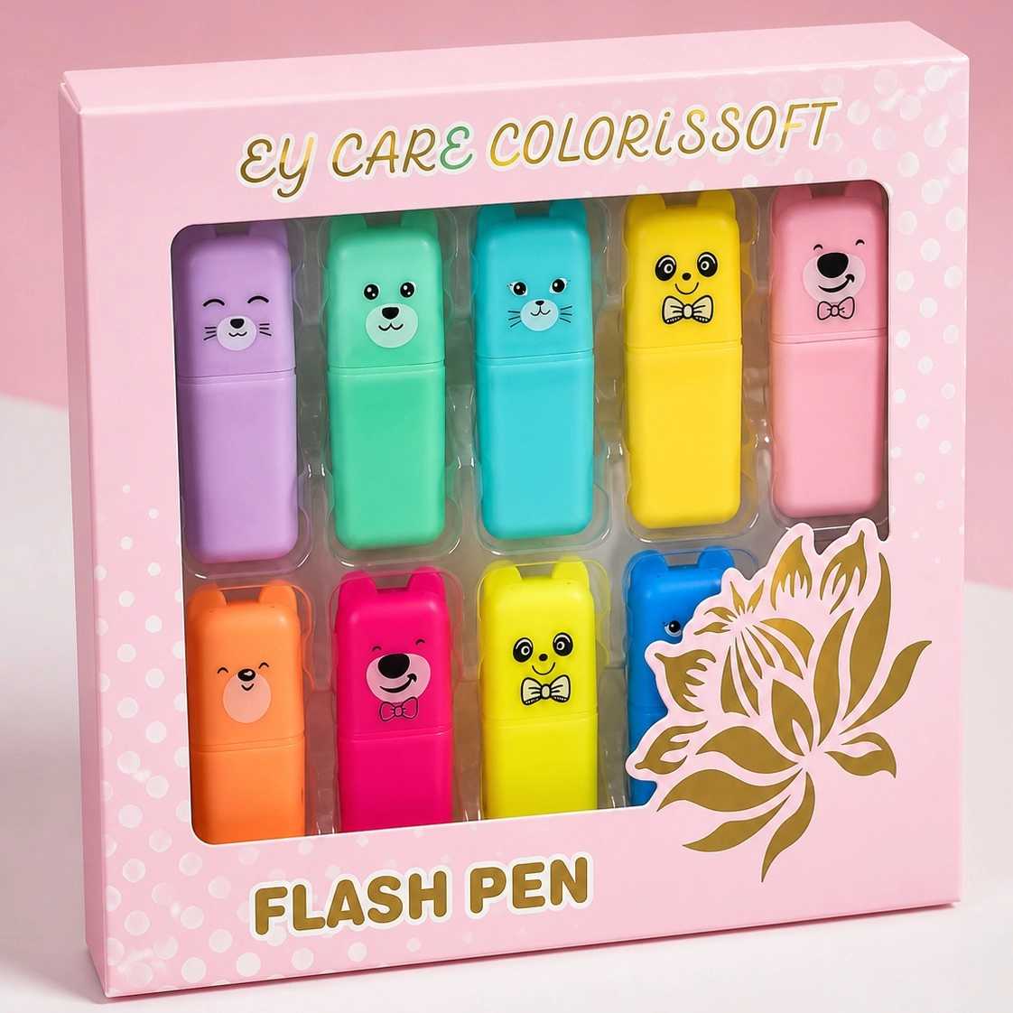 پک ماژیک هایلایتر فانتزی ۱۰ رنگ پاستلی طرح چهره حیوانات Flash Pen در جعبه صورتی پنجره‌دار