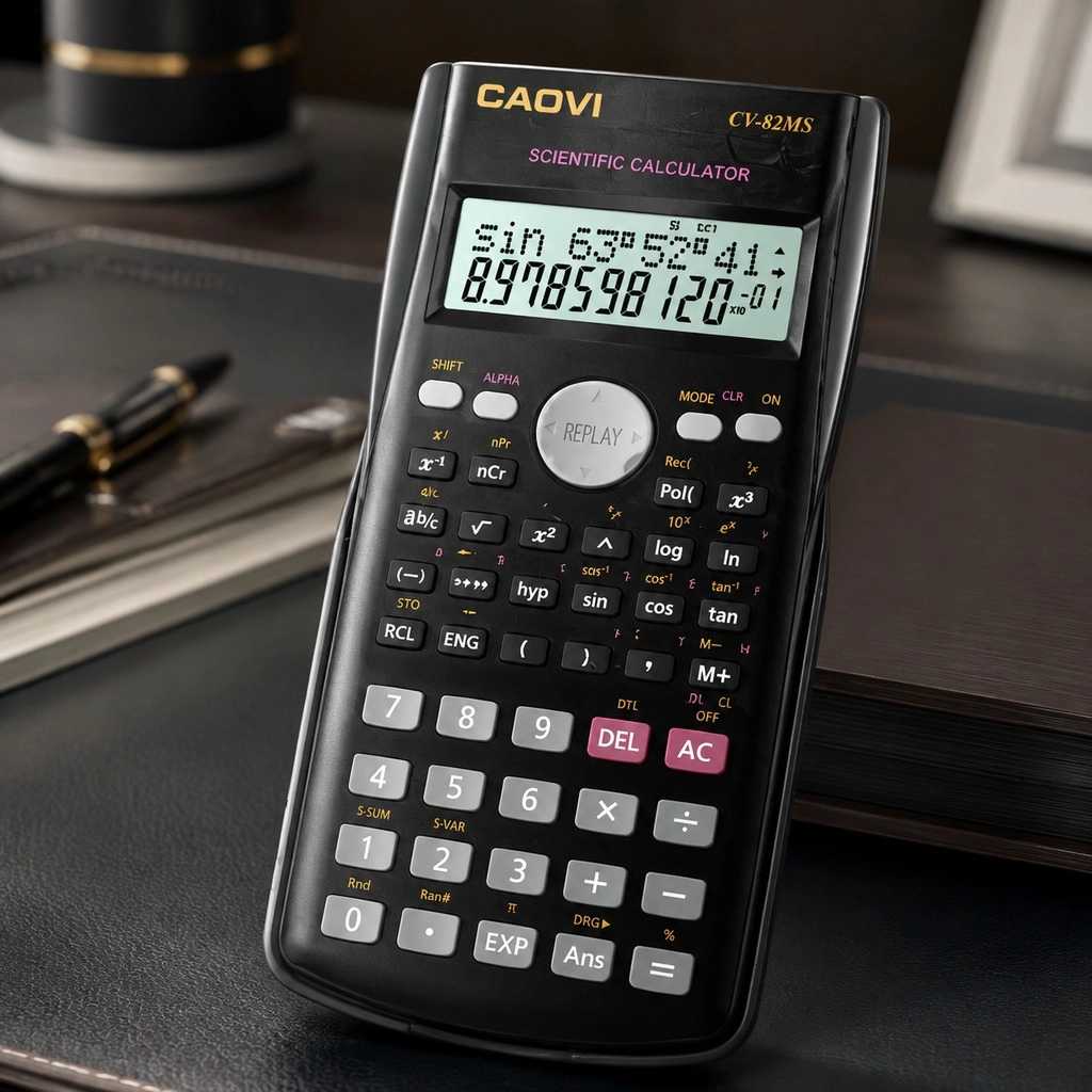 ماشین حساب مهندسی مشکی CAOVI مدل CV-82MS با صفحه نمایش دو خطی محاسبات علمی روی میز کار اداری در کنار خودنویس و سررسید چرمی.