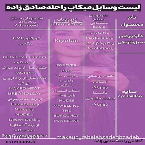 لیست وسایل میکاپ کاران راحله صادق زاده