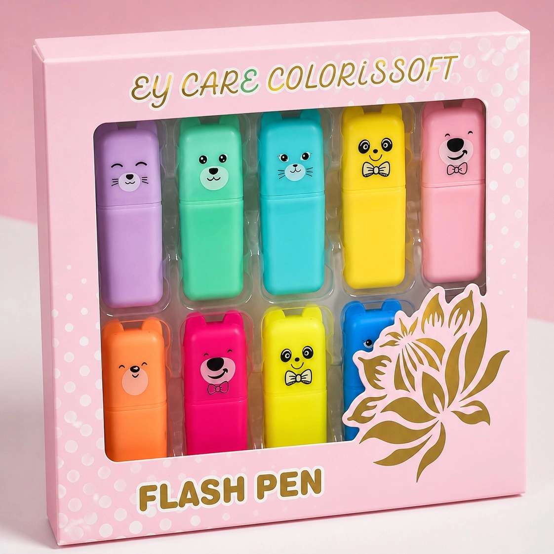 پک ماژیک هایلایتر فانتزی ۱۰ رنگ پاستلی طرح چهره حیوانات Flash Pen در جعبه صورتی پنجره‌دار