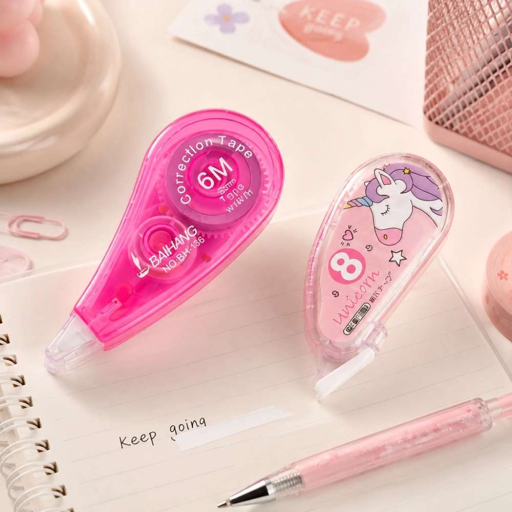 دو عدد غلط گیر نواری صورتی ساده و فانتزی طرح یونیکورن در کنار اتود و خط تصحیح‌شده روی دفترچه سیمی.