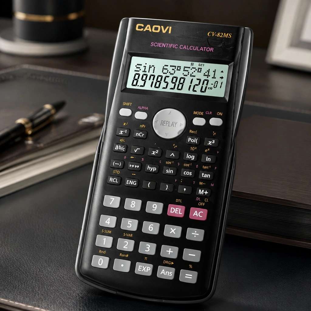 ماشین حساب مهندسی مشکی CAOVI مدل CV-82MS با صفحه نمایش دو خطی محاسبات علمی روی میز کار اداری در کنار خودنویس و سررسید چرمی.