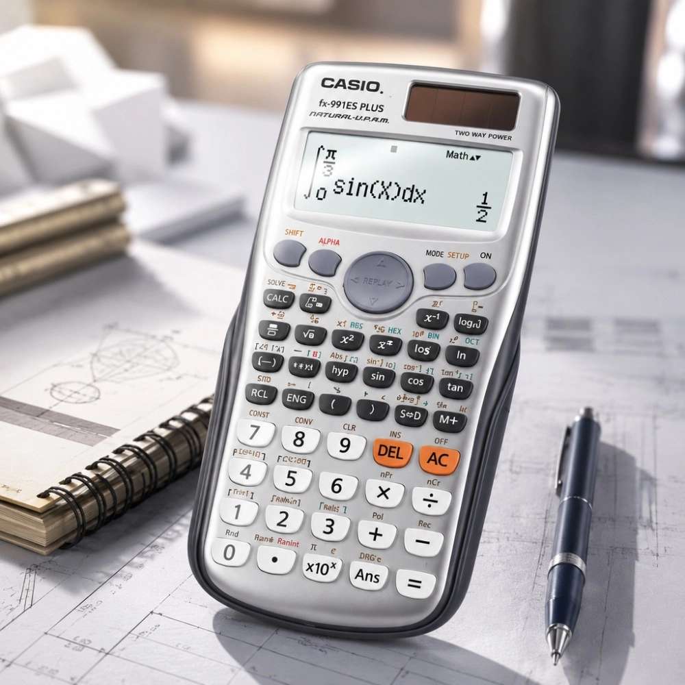 ماشین حساب مهندسی نقره‌ای Casio fx-991ES PLUS با نمایش فرمول انتگرال روی صفحه، در کنار خودکار و جزوه مهندسی روی میز طراحی.