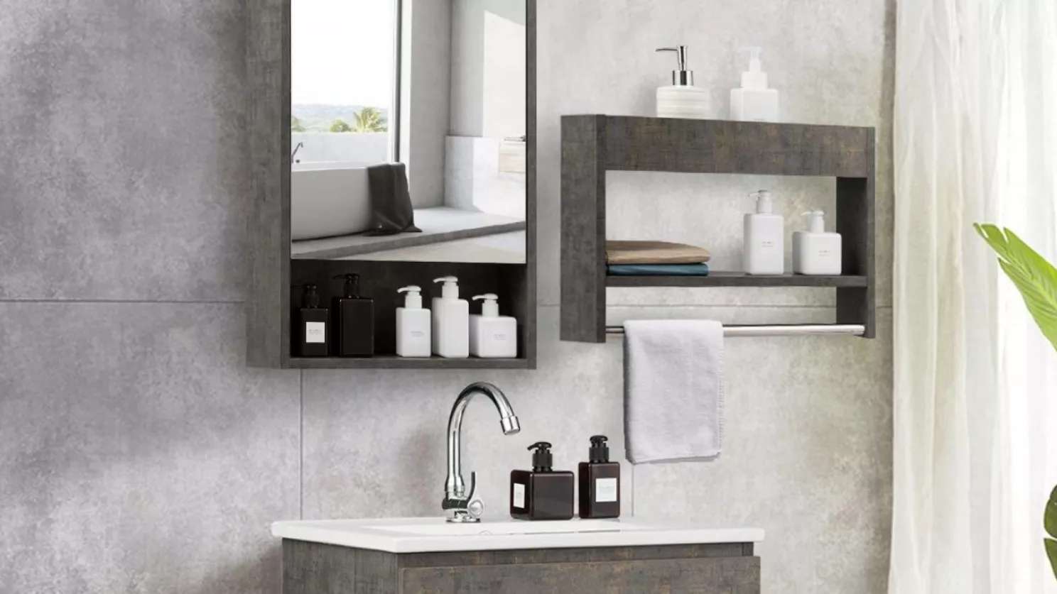 Box mirror and olive cabinet