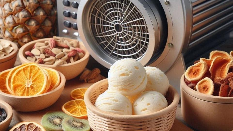 The process of producing ice cream and dried fruits with a freezedrair at the Heritage Store