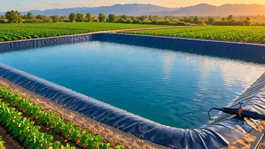 Construction of agricultural water storage pool with geomembrane sheets this year