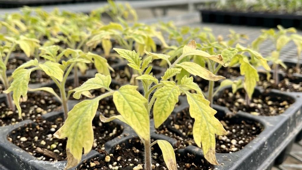 What is the cause of the yellowing of the leaves of tomato seedlings?