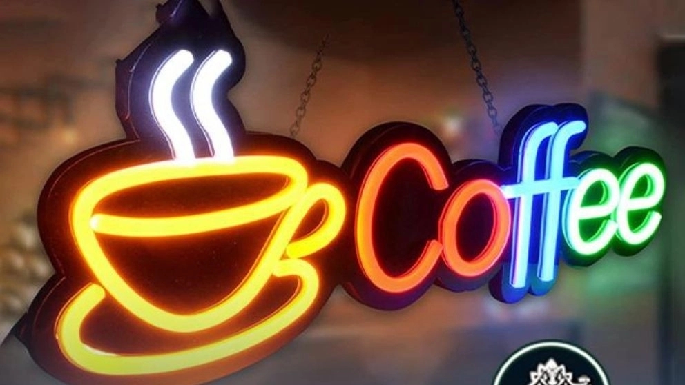 What are the features of the shop's neon signs?