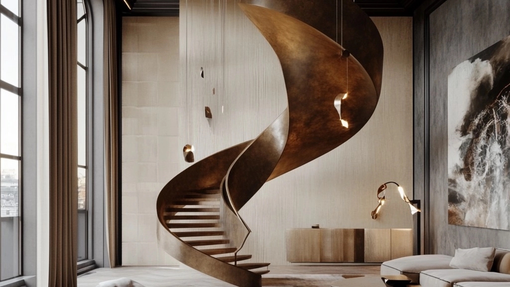 How can round and suspended stairs enhance the beauty of interior decoration?